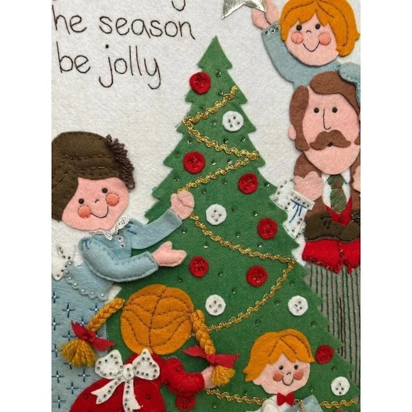 Vtg Christmas Tree Jolly Felt Sequin Embroidered Framed Handmade Decor Bucilla - Picture 4 of 7